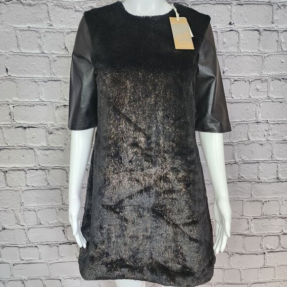 ASOS Genuine Leather Faux Fur Metallic Bronze Black Cocktail Dress, Woman's 6 - Picture 1 of 10